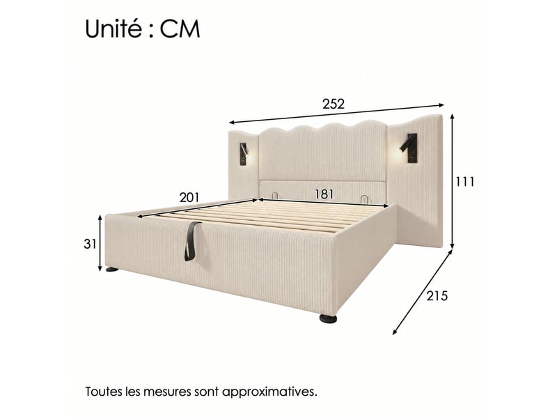  Lit coffre 180x200 avec sommier, liseuse 360°, usb-c, velours côtelé beige-blanc  - Conforama C