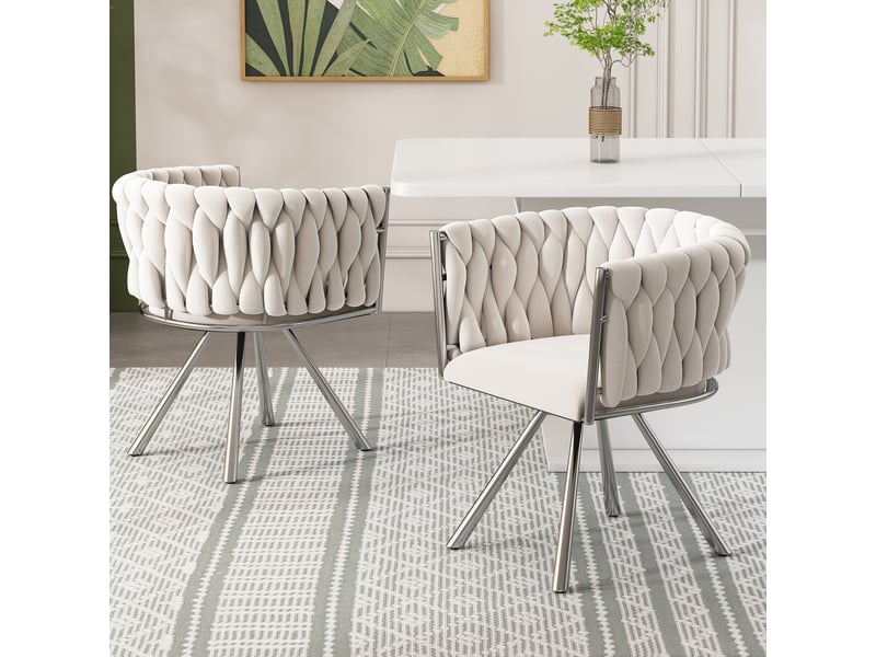  Chaise de salle à manger pivotante lot de 4, dossier incurvé, pieds métalliques, en velours beige et argenté  - Conforama E