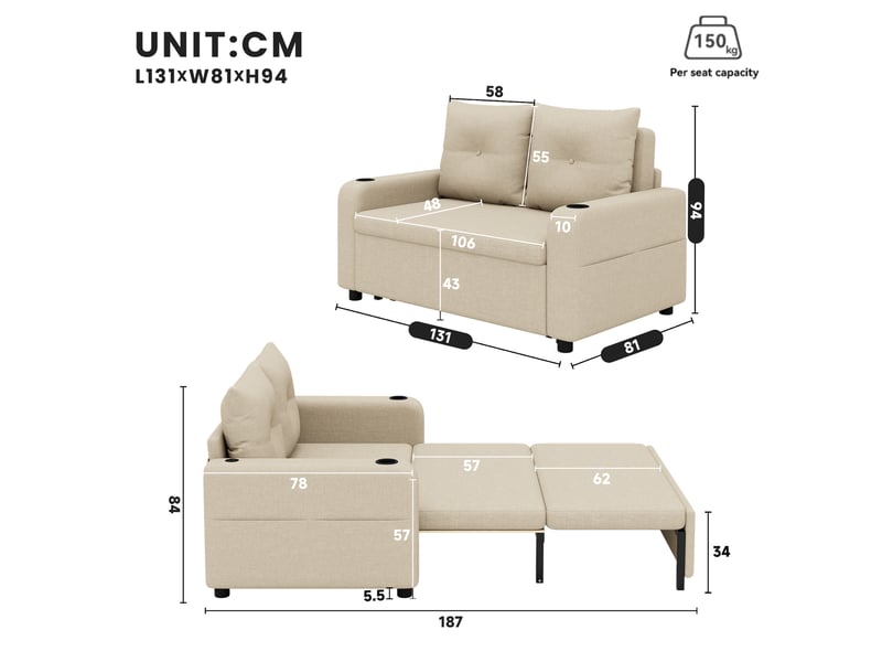 Canapé convertible 3 en 1, canapé lit 2 places en tissu beige, avec ports usb et porte-gobelets, pour salon et chambre, 131x81x94cm - Conforama C
