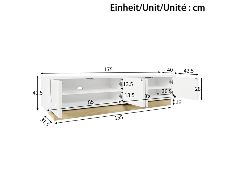  Meuble tv, 175x40x41,5 cm, effet bois, 4 portes, passe-câbles, lignes courbées, design moderne et élégant pour salon  - Conforama C