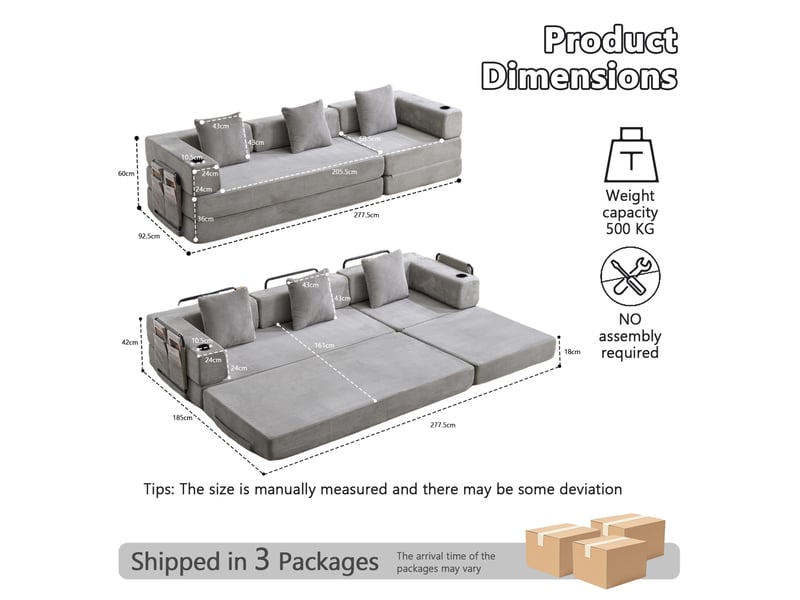 Canapé conversion au sol - sofa convertible et lit convertible en tissu velours gris clair, avec soutien-dos en oreiller, accoudoirs et rangement latéral, pour salon et chambre - Conforama E