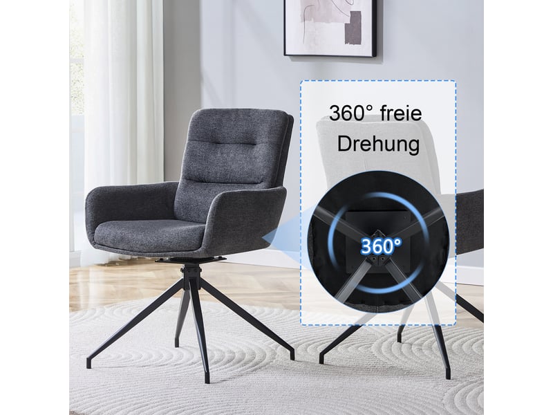  Chaises de salle à manger lot de 2 pivotantes 360°  - dossier capitonné, tissu et métal - gris foncé noir  - Conforama E