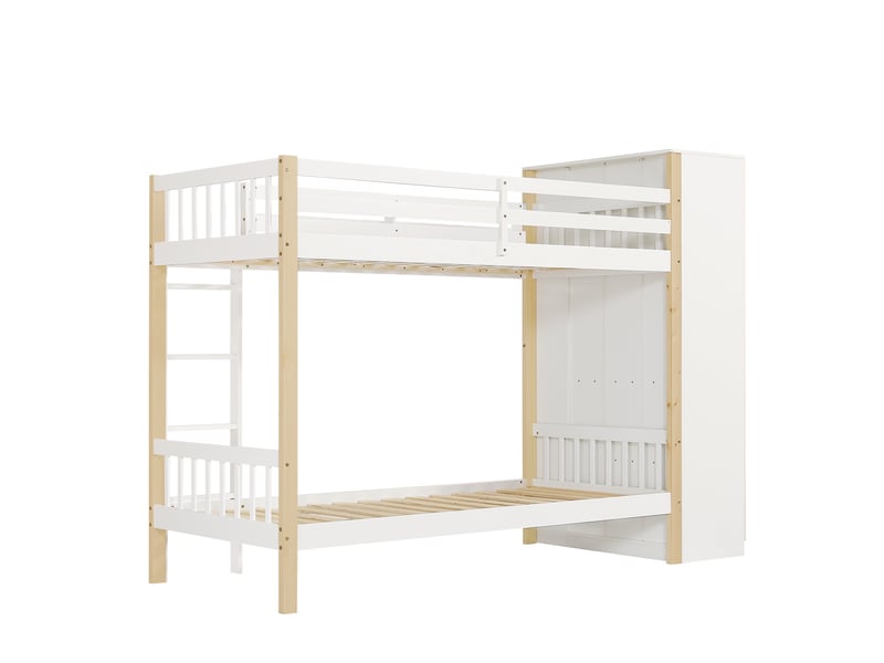 Lit superposé 90x200 cm, lit enfant avec armoire intégrée et 6 étagères de rangement, structure en bois de pin massif et mdf style scandinave, blanc - Conforama D