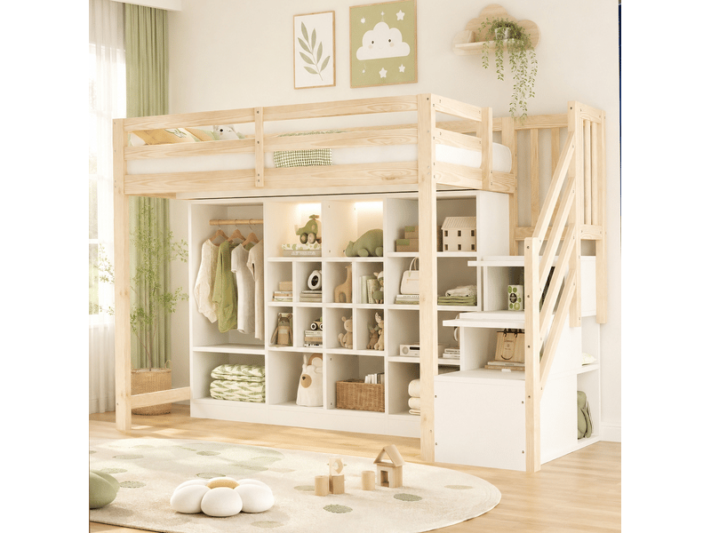  Lit mezzanine en bois 90 x 200 cm avec rangements, armoire, échelle et led, blanc bois  - Conforama B