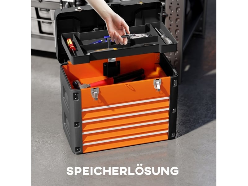  Boîte à outils vide 49,7 x 25,3 x 40,7 cm orange, acier et plastique, 4 tiroirs, rangement d'atelier  - Conforama D