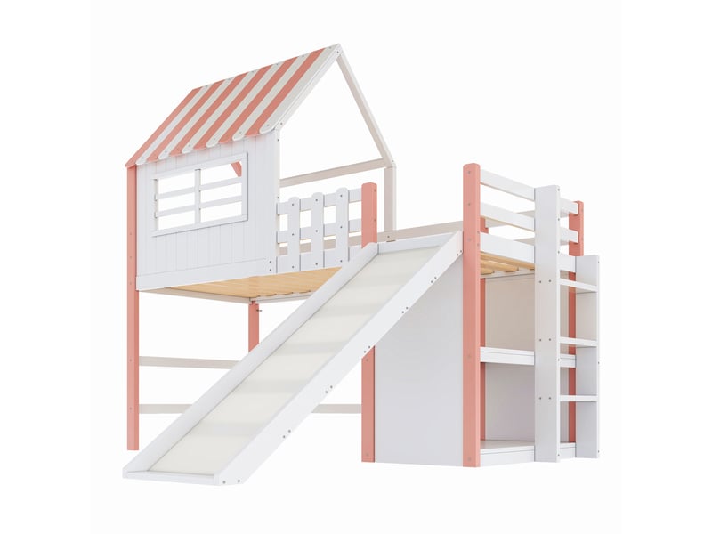  Lit mezzanine enfant rose avec toboggan 90x200 cm - bois massif et rangements intégrés  - Conforama R