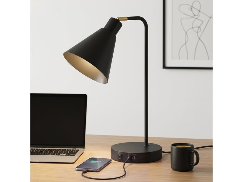  Lot de 2 lampes de table modernes en acier avec ports usb, douille e27, noires  - Conforama C
