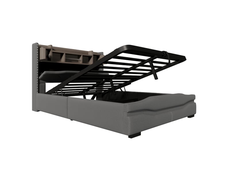  Lit rembourré, 140 x 200 cm, avec prise de chargement usb-c, éclairage d'ambiance sous le lit, tête de lit avec compartiment de rangement, lit coffre hydraulique, sans matelas, avec éclairage led, gris  - Conforama E