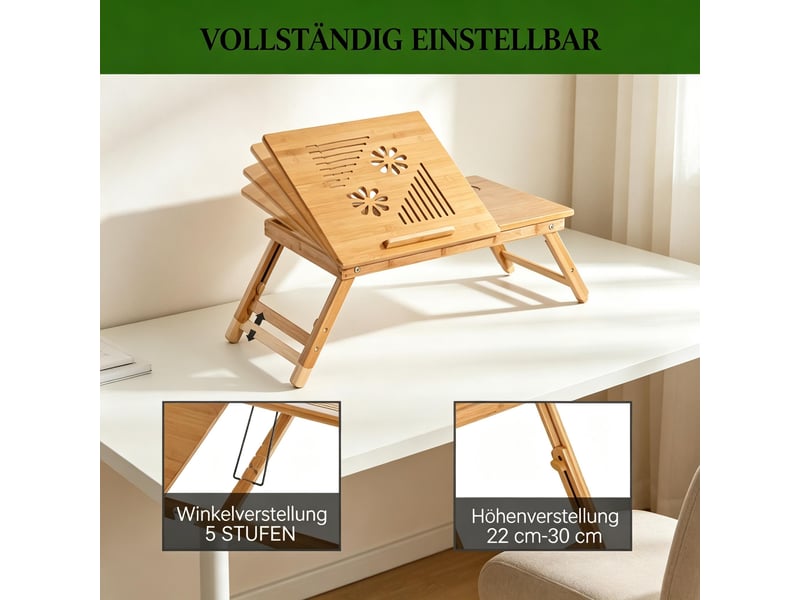  Table de lit pliable réglable et inclinable - lpospi - plateau ventilé avec tiroir, bambou naturel 55 × 35 × 22-32,5 cm  - Conforama E