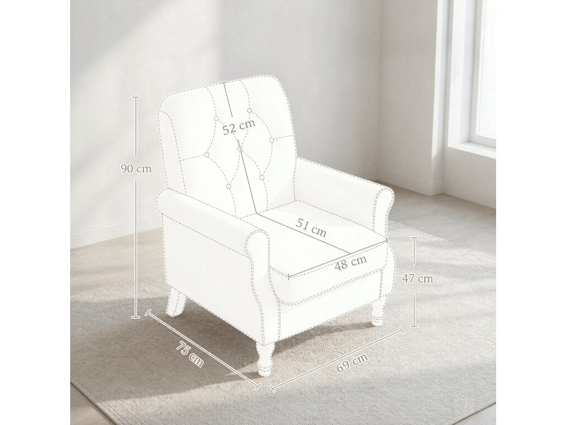  Fauteuil de salon capitonné avec coussin à ressorts ensachés et pieds en bois, en tissu aspect lin crème  - Conforama C