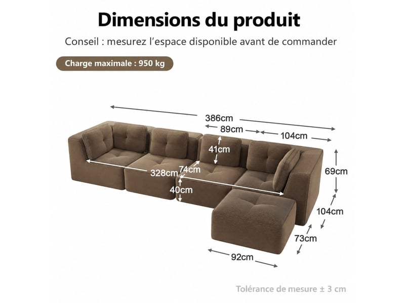  Canapé modulable 4 places, lignes généreuses, coussins souples et revêtement côtelé, 69 × 386 × 177 cm, marron  - Conforama C