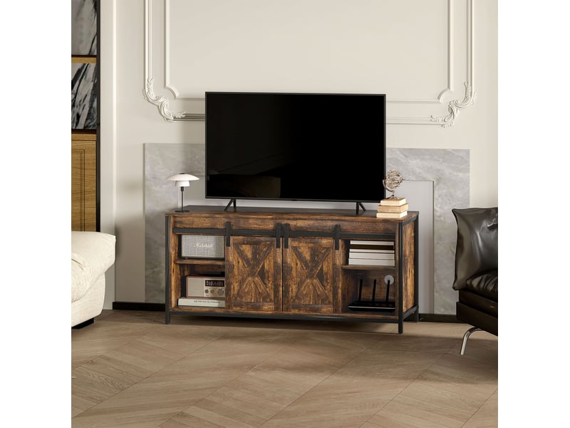  Meuble tv ulevr style industriel avec 2 portes coulissantes, 6 compartiments, pour téléviseur jusqu’à 60 pouces, 120 x 40 x 54 cm, marron  - Conforama B