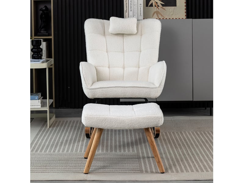  Fauteuil à bascule avec repose-pieds et coussin de tête, tissu bouclé blanc  - Conforama C