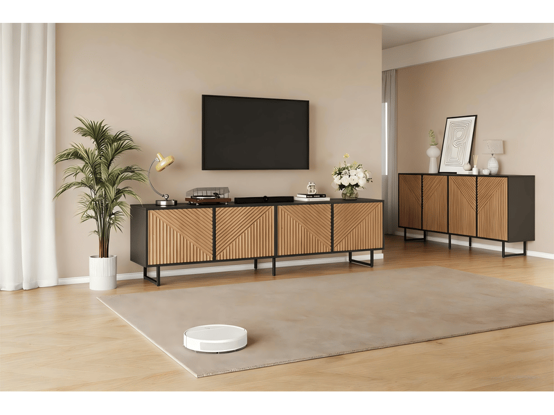  Ensemble rayofi meuble tv 180 x 40 x 50 cm et buffet 160 x 40 x 75 cm, bois naturel et noir, 4 portes, capacité 40 kg  - Conforama W