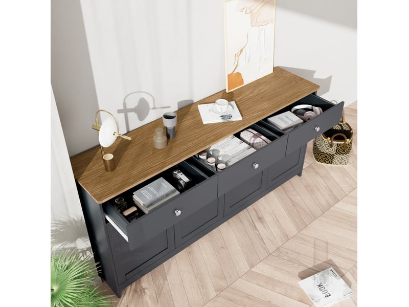 Buffet en bois 160*37*75cm, avec 4 portes et 3 tiroirs - pour salon, salle à manger, couleur de bois foncé et gris noir - Conforama R