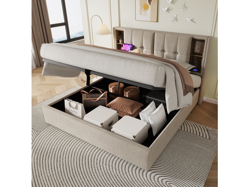  Lit coffre adulte 160x200 cm – naturel – rangement, chargeur sans fil, usb-c et matelas 7 zones inclus  - Conforama B