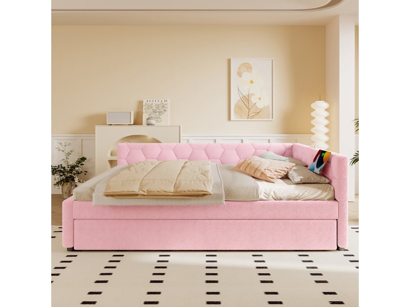  Lit de jour 140x200 canapé lit velours rose avec sommier et lit gigogne  - Conforama B