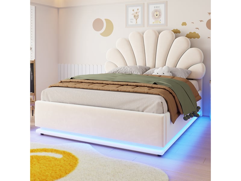 Lit d'enfant 140 × 200 cm, motif floral, rangement à vérins hydrauliques, éclairage led, velours, beige - Conforama D