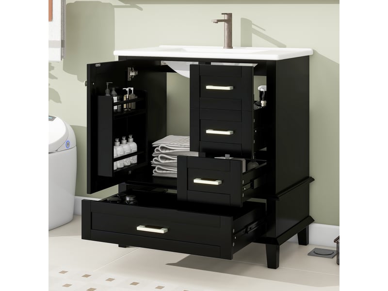  Meuble vasque sur pied noir, 76 x 45,5 x 83,5 cm, en mdf et céramique, avec 3 tiroirs à coulisses silencieuses  - Conforama D