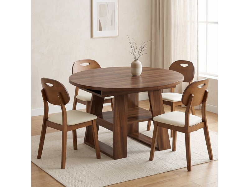  Ensemble de salle à manger moderne 4 à 6 personnes – table ronde extensible 110/150 x 110 cm avec étagères + 4 chaises rembourrées à dossier ovale – coloris noyer  - Conforama D