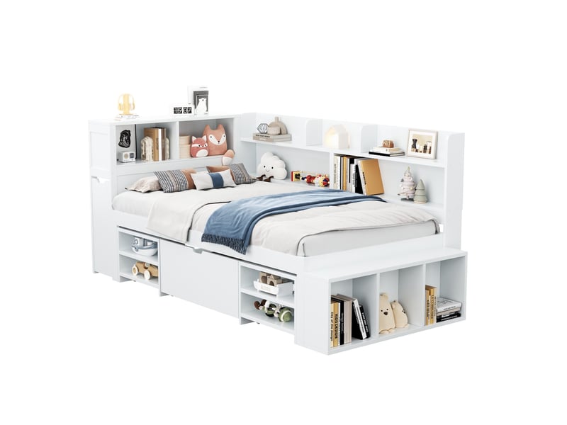  Modenvie lit enfant 90x200 cm - avec rangements et bibliotheque, sommier inclus, sans matelas - blanc  - Conforama A