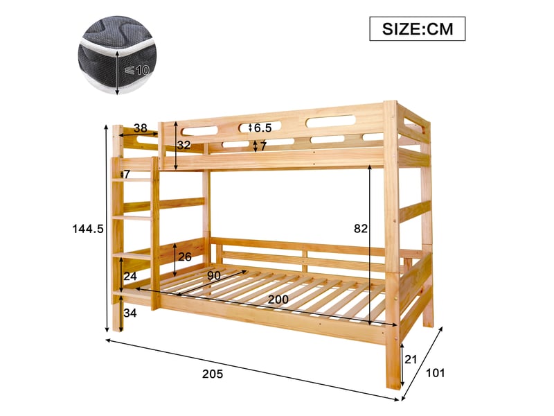  Lit superposé enfant 90x200 cm séparable en 2 lits simples, cadre robuste en bois de pin, pour enfants et adolescents, finition naturelle  - Conforama E