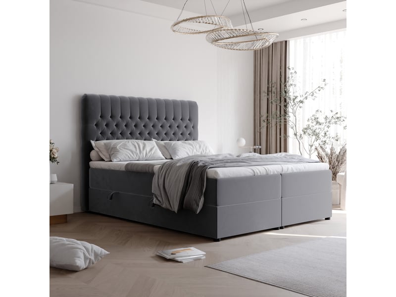  Lit adulte alba - 140x200 cm - matelas ressorts + surmatelas - coffre de rangement - velours dense hydrofuge gris ALBA - Conforama B