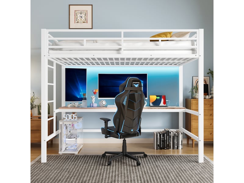  Lit mezzanine enfant 90x200 cm avec bureau, led et prises usb, blanc  - Conforama D
