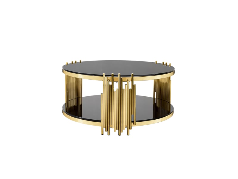  Table basse ronde de salon noir avec double plateau en verre trempé, structure dorée, rangement 80 x 80 x 45 cm  - Conforama A