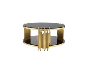 Table basse ronde de salon noir avec double plateau en verre trempé, structure dorée, rangement 80 x 80 x 45 cm