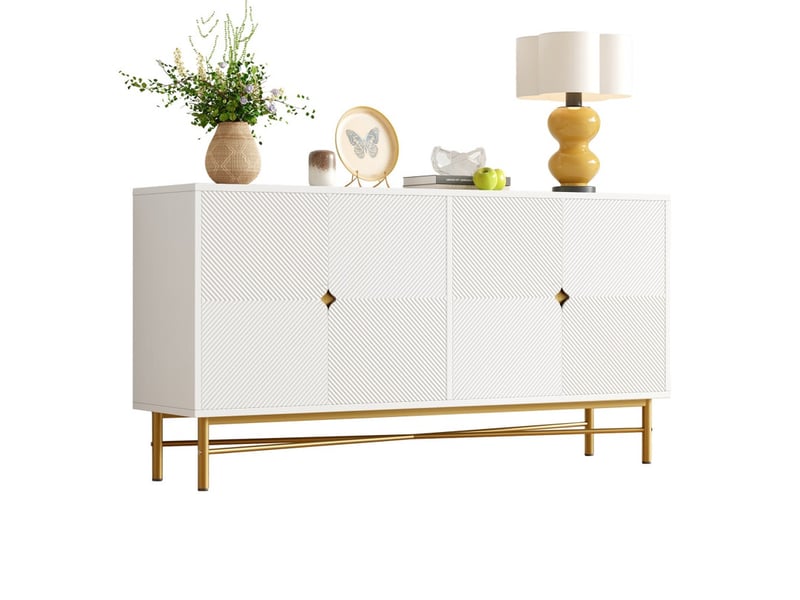  Buffet, 160 × 40 × 82 cm, armoire de cuisine avec quatre portes, poignées dorées brossées et pieds brillants, blanc  - Conforama A