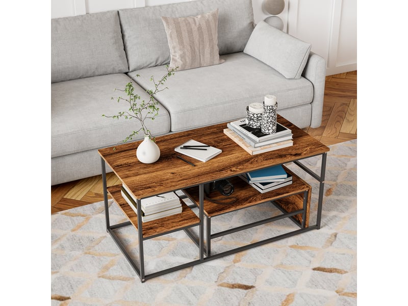Table basse gigogne 10560cm bois et noir - design moderne avec plateau effet bois et étagère de rangement - Conforama D