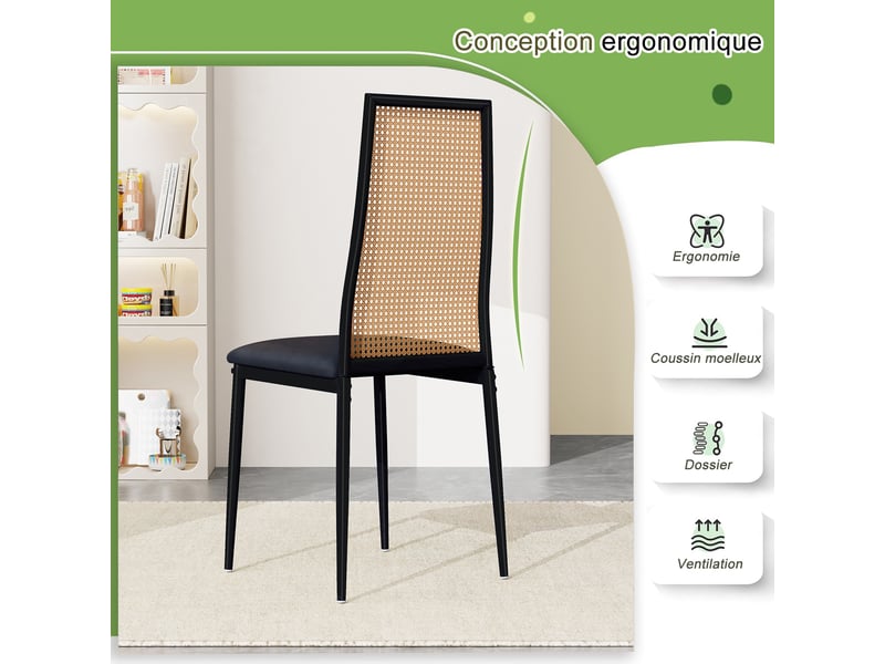  Lot de 2 chaises de salle à manger - 44x43x97.5cm - dossier haut en rotin &amp; assise rembourrée, pieds métal - noir  - Conforama D