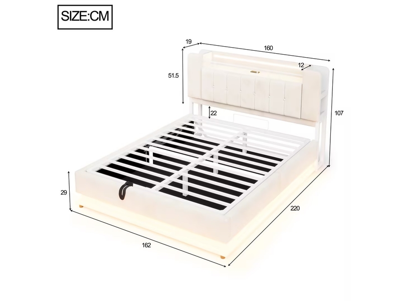 Lit rembourré 160x200 cm beige en velours avec led, usb et rangement hydraulique - Conforama C