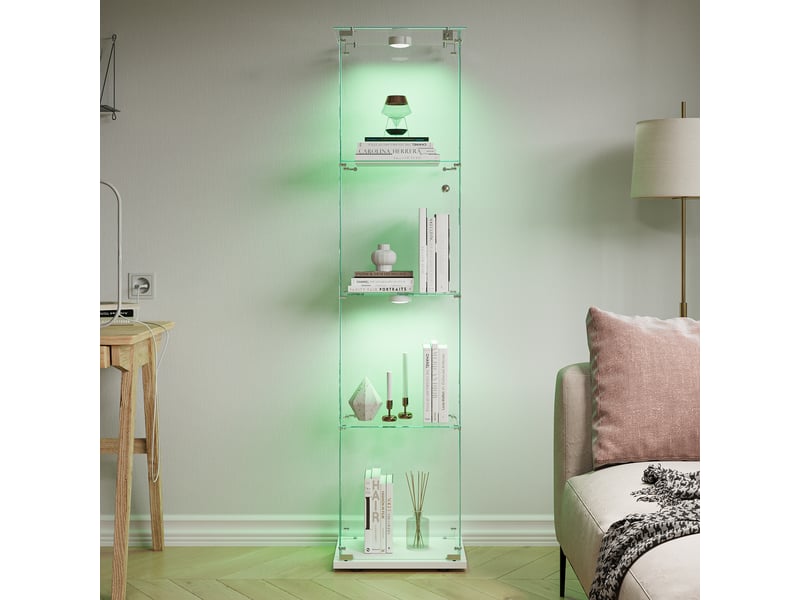  Vitrine en verre 4 niveaux simple porte - 39,8 x 35 x 163 cm - blanc - armoire d'exposition avec éclairage led et base blanche  - Conforama E