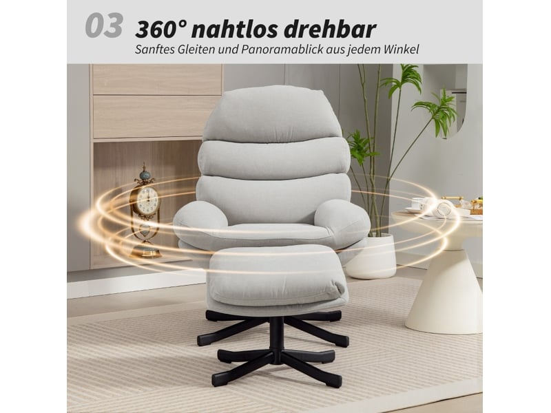  Fauteuil relax pivotant avec pouf, dossier haut et assise large, style moderne en tissu chenille crème  - Conforama D
