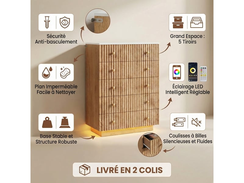  Commode chambre 5 tiroirs, commode bois, éclairage led et grande capacité, meuble de rangement 73x40x111 cm, chêne clair  - Conforama C