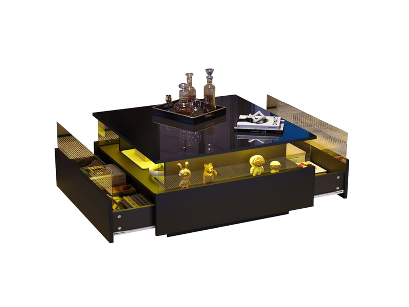  Table basse moderne 70x70x41 cm led 2 tiroirs panneau de particules noir  - Conforama A