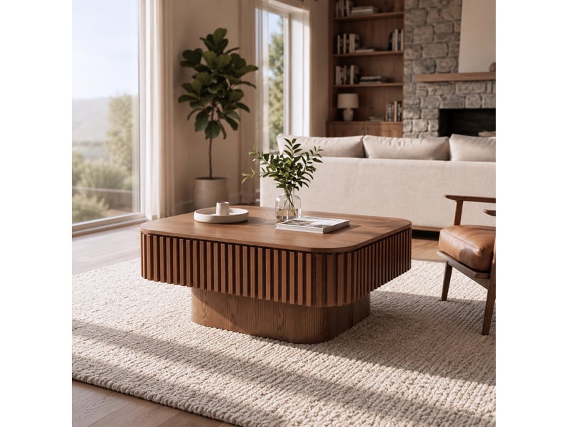 Table basse carrée avec plateau amovible et rangement dissimulé, façade cannelée en mdf plaqué bois, finition noyer - Conforama E