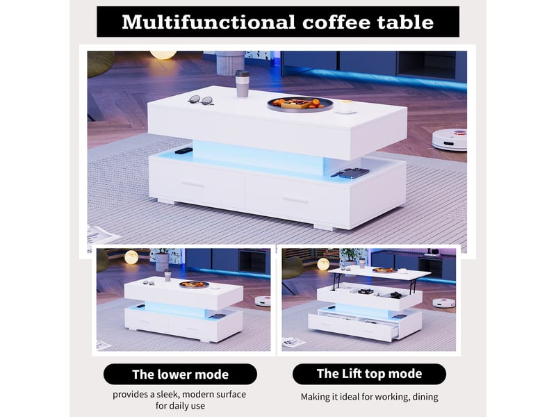  Table basse, à plateau relevable, avec éclairage led, avec 2 tiroirs, 100 x 50 x h 44–58 cm, blanc, rangement pratique, pour votre salon et séjour Luxe haut de gamme - Conforama D