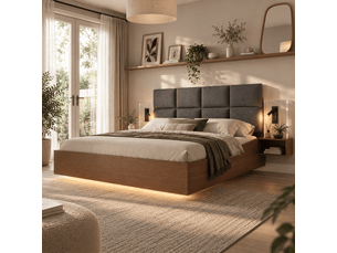 Lit 160 × 200 cm effet noyer avec chevets, liseuses, usb-c et led