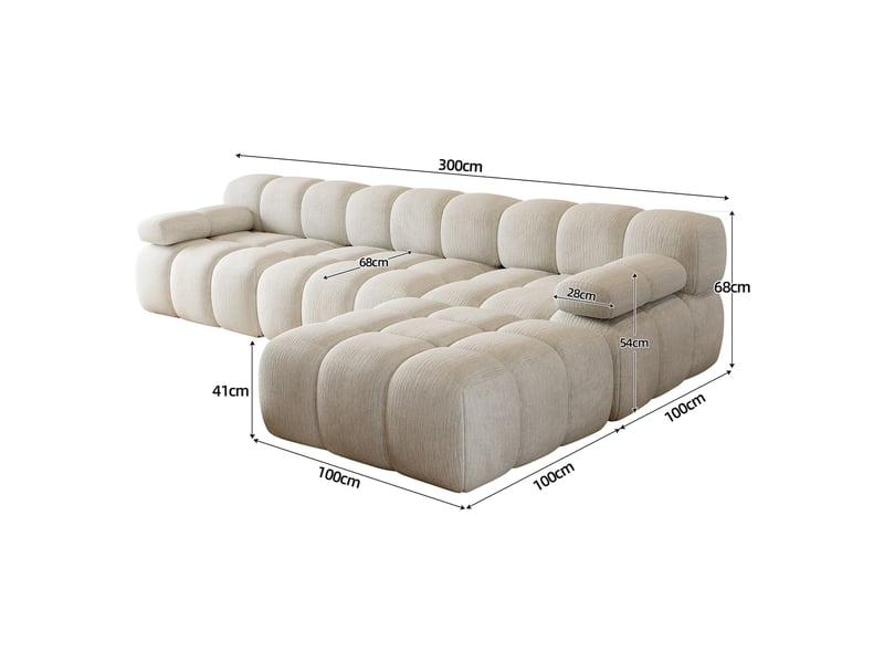 Canapé d'angle en l 300 cm, sans montage, mousse compressée, pour salon, chambre et appartement, blanc - Conforama E