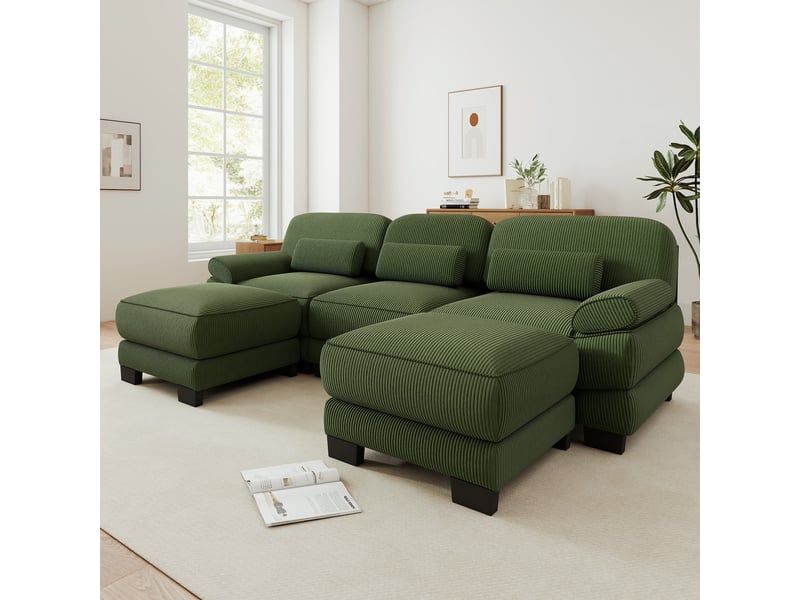  Canapé panoramique modulable 265 cm 3 places avec 2 poufs, design carré épuré, base et accoudoirs à matelassage en canaux, velours côtelé, vert  - Conforama B