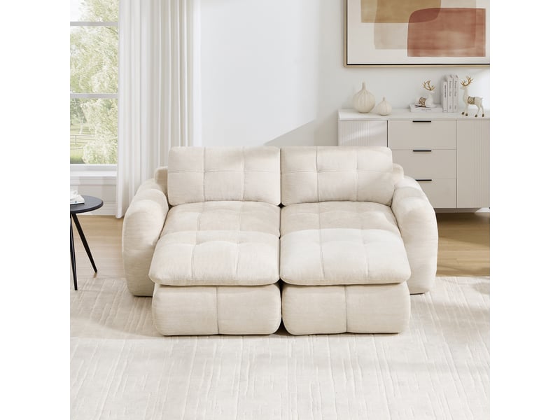  Canapé 2 places - 194 x 160 x 68 cm - canapé modulable en chenille avec 2 poufs amovibles - beige  - Conforama B
