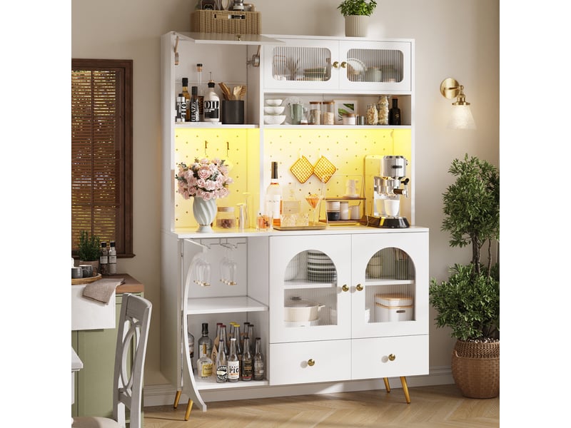  Buffet haut de cuisine blanc, meuble de rangement avec éclairage led, prises usb, panneau perforé et tiroirs, 120x40x176cm  - Conforama D