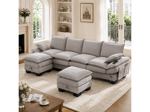Canapé modulaire en velours - 4 places avec 2 poufs - velours côtelé doux - gris clair - dimensions
