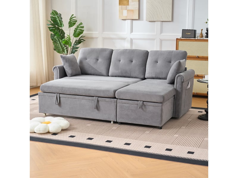  Canapé d’angle l gris en chenille convertible, coffre de rangement, montage réversible  - Conforama E