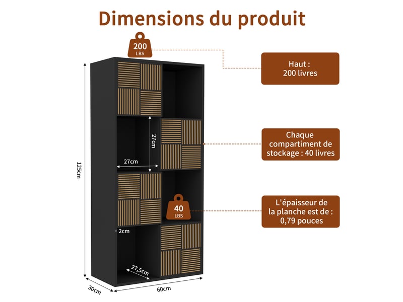 Bibliothèque 8 cases - 60x30x125cm - meuble de rangement modulaire étagères ouvertes & portes cannelées - noir - Conforama E