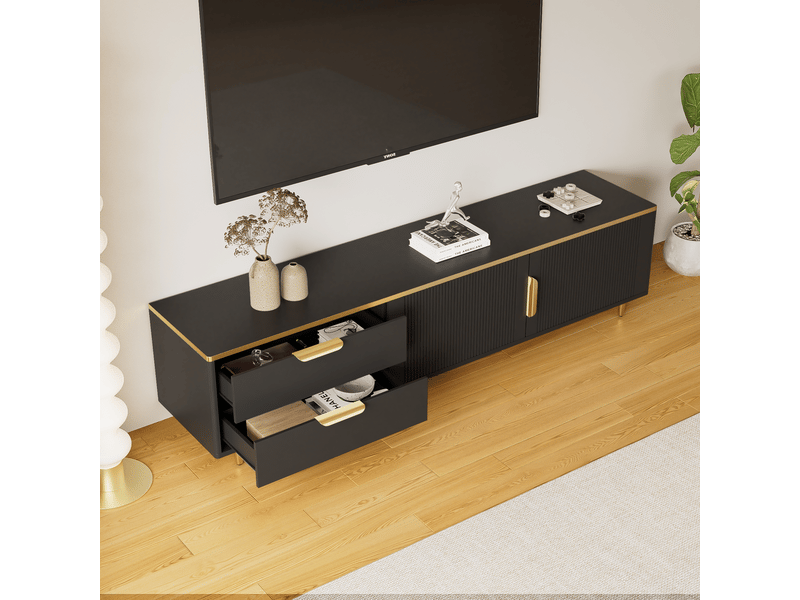  Meuble tv 175x40x45cm, meuble télé, 2 tiroirs de rangement, 2 portes avec texture sculptée, panneau de particules noir  - Conforama C