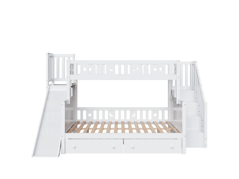  Lit superposé avec toboggan et tiroirs de rangement, lit enfant bois massif blanc 90x200 et 140x200 cm, sommier à lattes inclus  - Conforama A
